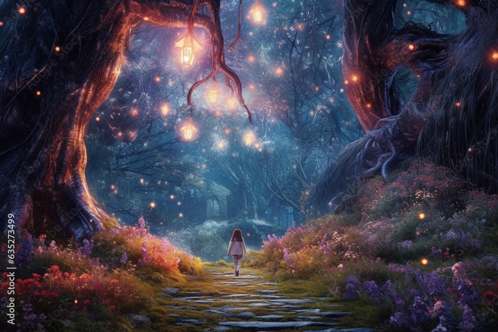 Magical dark fairy tale forest at night with glowing lights and mushrooms. Fantasy wonderland landscape with silhouette of single girl. Amazing nature landscape. Illustration with AI generation. - obrazy, fototapety, plakaty 