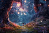 Magical dark fairy tale forest at night with glowing lights and mushrooms. Fantasy wonderland landscape with silhouette of single girl. Amazing nature landscape. Illustration with AI generation.
