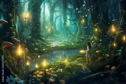 Magical dark fairy tale forest at night with glowing lights and mushrooms. Fantasy wonderland landscape with silhouette of single girl. Amazing nature landscape. Illustration with AI generation. © fadzeyeva