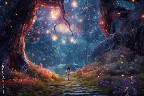 Magical dark fairy tale forest at night with glowing lights and mushrooms. Fantasy wonderland landscape with silhouette of single girl. Amazing nature landscape. Illustration with AI generation.