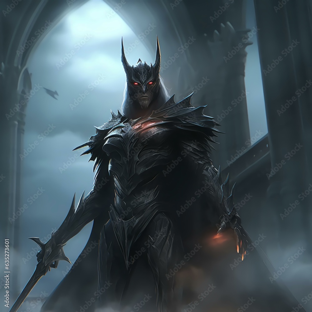 Dark Warrior with Spiky Armor and Glowing Red Eyes in a Cloudy, Temple ...