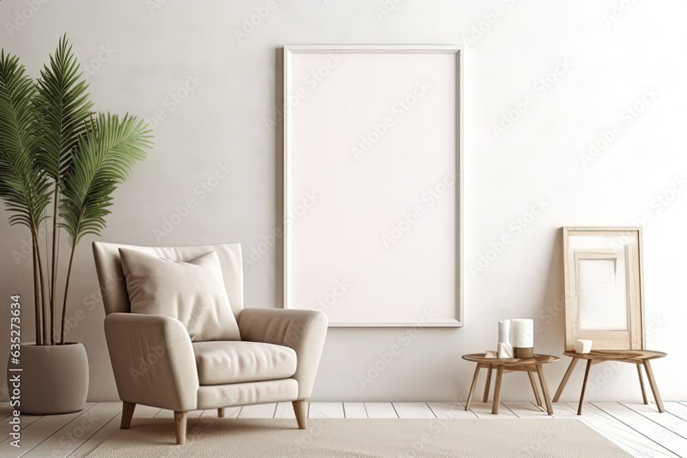 Mockup with an empty frame in a contemporary living room. Generative AI. Mockup with an empty frame in a contemporary living room. Generative AI.