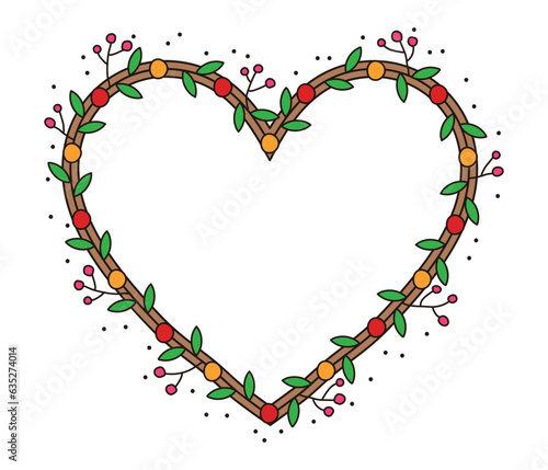 Wreath frame illustration in the shape of a heart with hand drawn berries and leaves.