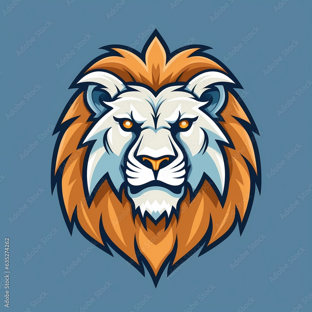 Lion Head Logo with Angry Expression, Blue Ears, and Brown-Orange Mane on Blue Background.