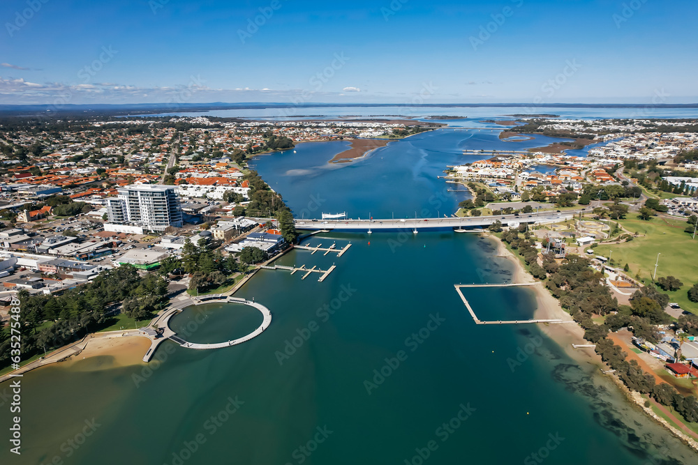 Aerial view of the city of Mandurah and the Peel Harvey Estuary in Western Australia