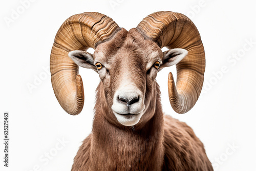 Bighorn Sheep isolated on a white background close-up portrait. Studio animal photography.
