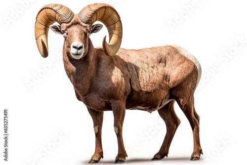 Bighorn Sheep isolated on white background. Animal left side portrait.