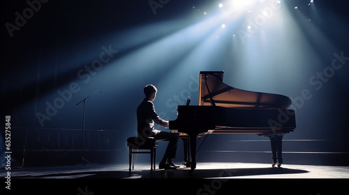 male playing piano on the stage in hall and spot light