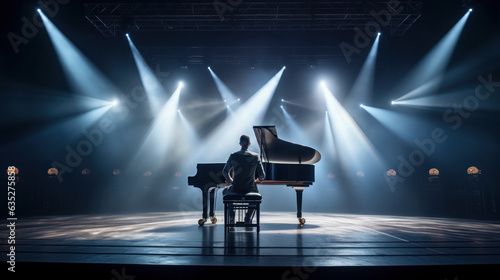 male playing piano on the stage in hall and spot light