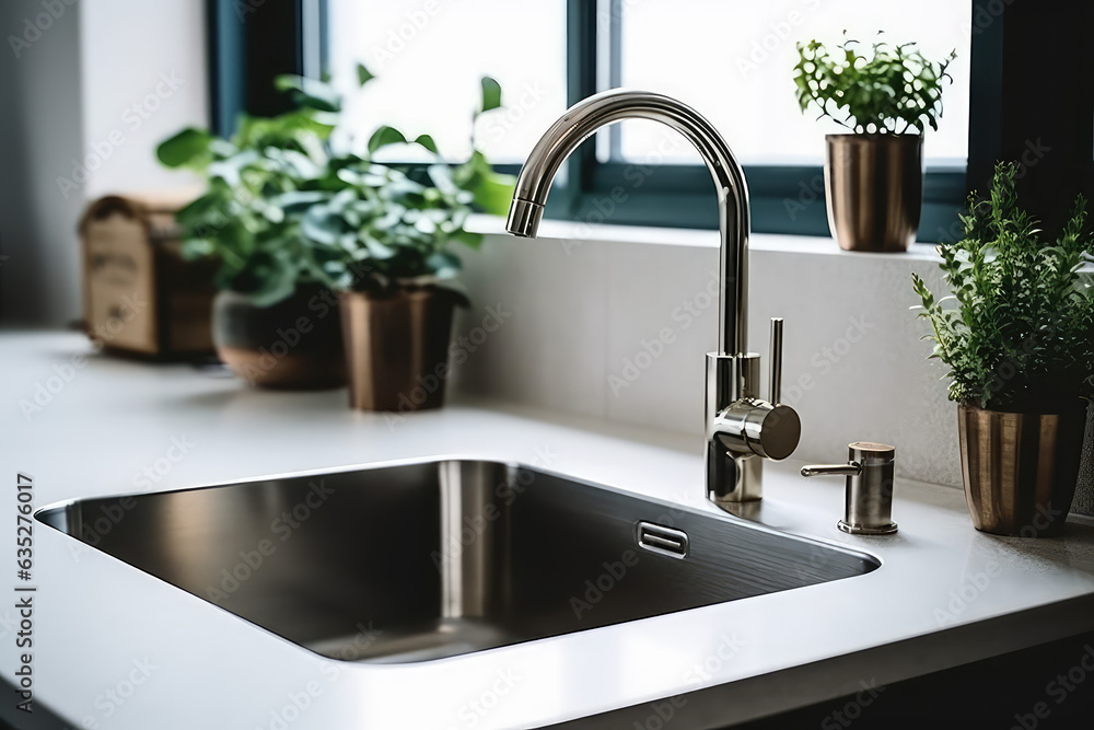 Single metallic sink and metal faucet on the vanity inside kitchen of home. Trendy sink in interior design. Single metallic sink and metal faucet on the vanity inside kitchen of home. Trendy sink in interior design.