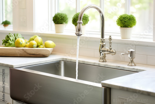 Single metallic sink and metal faucet on the vanity inside kitchen of home. Trendy sink in interior design.