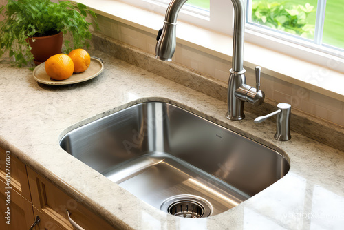 Single metallic sink and metal faucet on the vanity inside kitchen of home. Trendy sink in interior design.