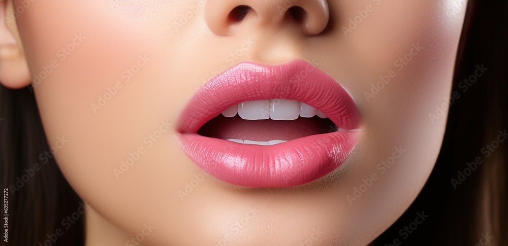 Fototapeta premium Woman with beautiful plump lips, close up shot, generative ai