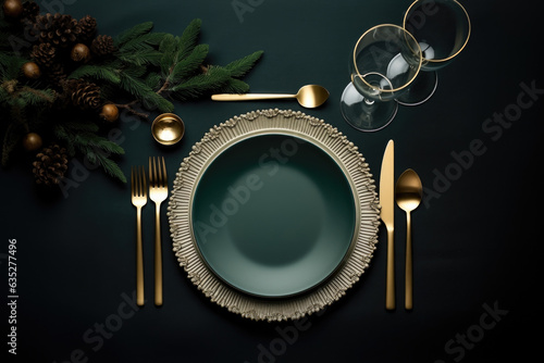 Christmas or new year table setting with golden cutlery Generative AI