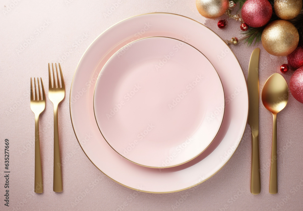 Christmas or new year table setting with golden cutlery Generative AI Christmas or new year table setting with golden cutlery Generative AI