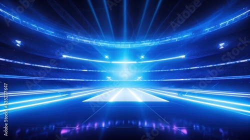 Abstract blue neon stadium background illuminated with lamps on ground. Product and sports technology background.
