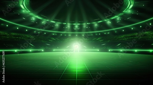 Abstract green neon stadium background illuminated with lamps on ground. Product and sports technology background.