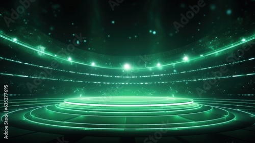 Fototapeta Naklejka Na Ścianę i Meble -  Abstract green neon stadium background illuminated with lamps on ground. Product and sports technology background.