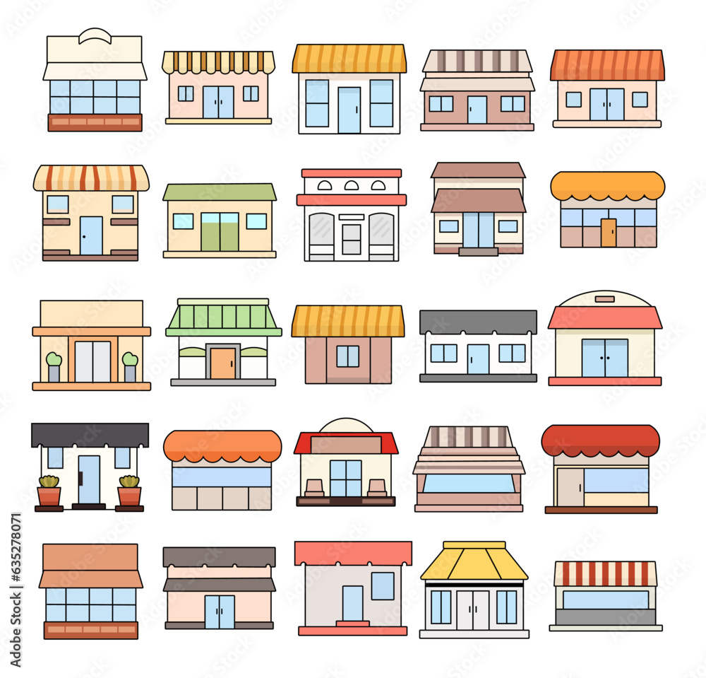 Colorful cartoon store and random building collection, shop building vector illustration set