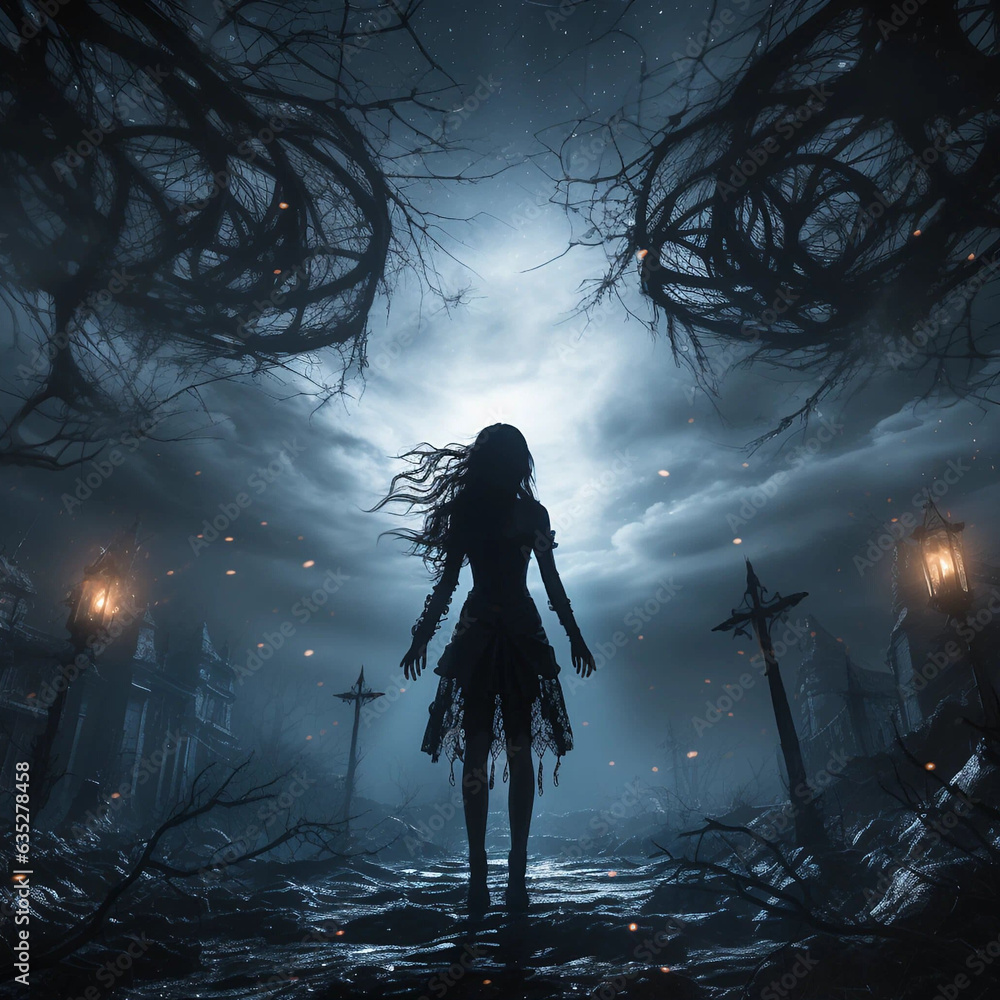 Obraz premium A Spooky Image of a Girl With Her Arms Spread While She Stares at a Night Sky