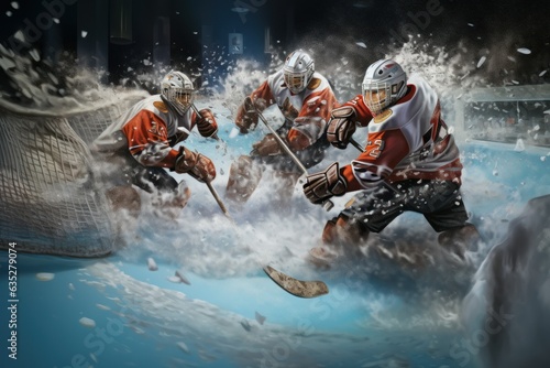 Heart-Pounding Hockey Action: Hyper-Realistic Scene with Puck Near Goal, Fully Stretched Goalie, and Players in Frenzy  © Lucija