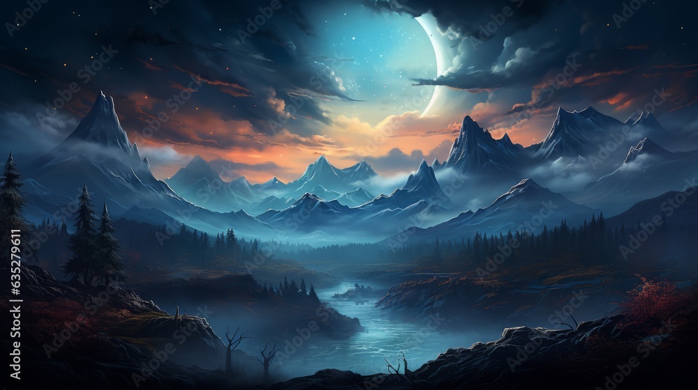 A beautiful mountain landscape at night. Generative AI. 