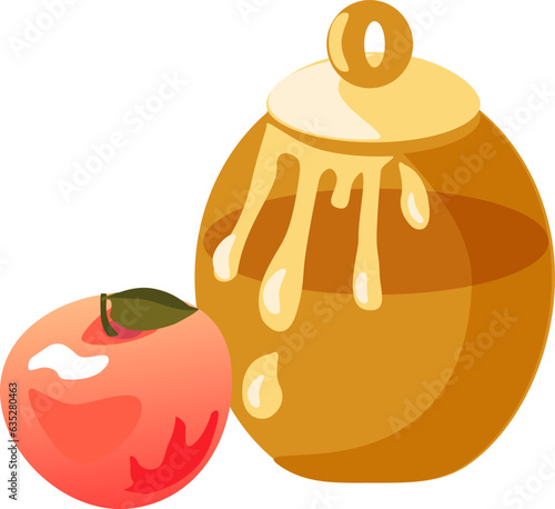 Rosh Hashanah greeting card - Jewish New Year. Text "Shana Tova!" on Hebrew - Have a sweet year. Honey and apple isolated traditional sweet food flat symbols banner. Rosh Hashana sukkot Jewish Holiday