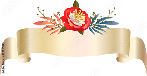 Rosh Hashanah greeting card - Jewish New Year. Have a sweet year. Holiday decoration exotic red flowers pomegranate leaves, vintage gold ribbon scroll banner. Rosh Hashana, sukkot Jewish Holiday
