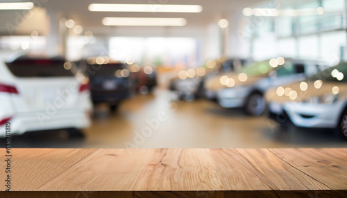 Bild auf Leinwand Empty wood table top with cars in showroom blurred defocused background