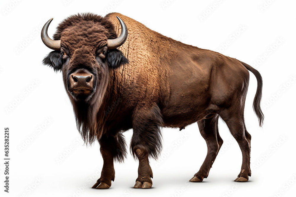 Bison isolated on a white background. Animal left side view portrait. Bison isolated on a white background. Animal left side view portrait.