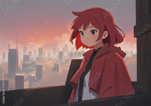Portrait of a beautiful girl in a red raincoat on the background of a city panorama. 