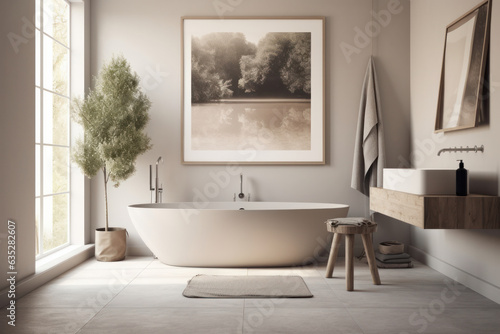 Discover the beauty of a luxurious bathroom with a spacious tub and an elegant sink. A space of comfort and relaxation to soothe your senses. AI Generative