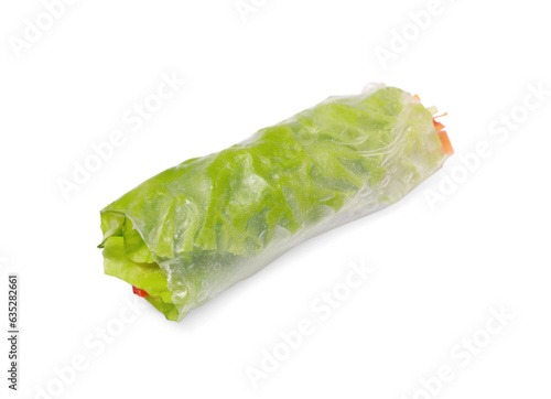 Tasty spring roll wrapped in rice paper isolated on white
