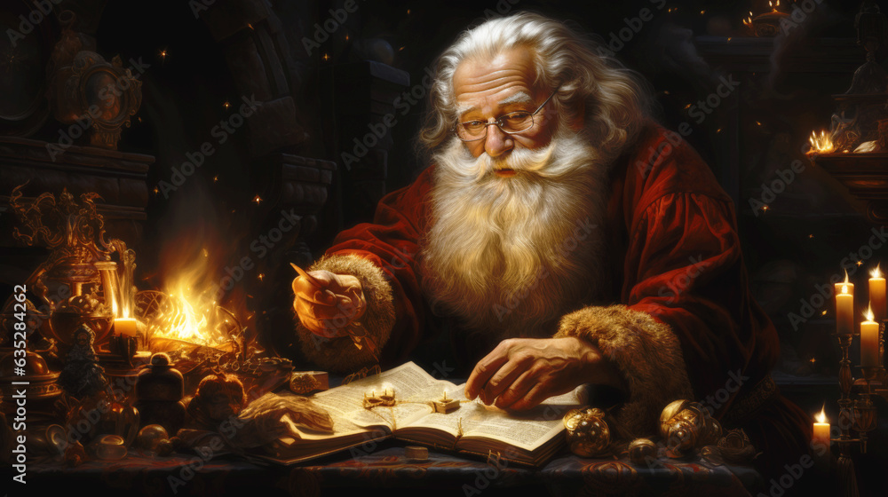 Postcard of Santa Claus at home getting ready for Christmas. Generative AI