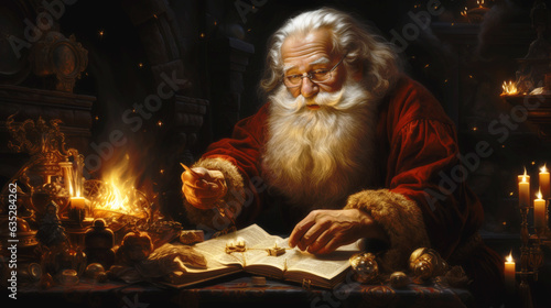 Postcard of Santa Claus at home getting ready for Christmas. Generative AI