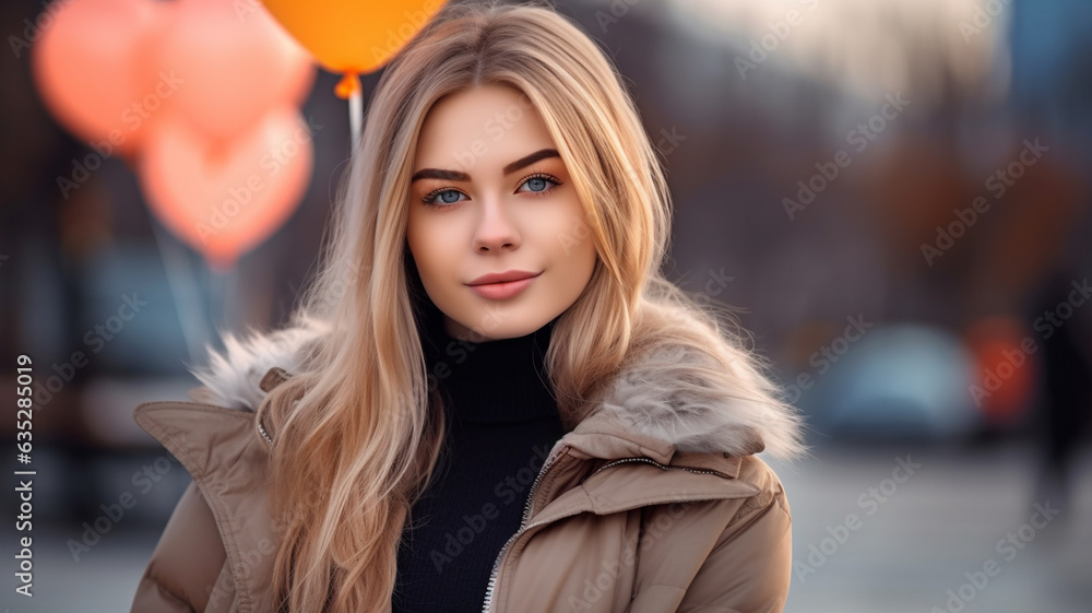 young adult woman 20s 30s, caucasian with blonde hair color, long hairstyle, smiling joyful and happy, wants to surprise someone and has balloons, outdoors in city pedestrian zone, fictional location young adult woman 20s 30s, caucasian with blonde hair color, long hairstyle, smiling joyful and happy, wants to surprise someone and has balloons, outdoors in city pedestrian zone, fictional location
