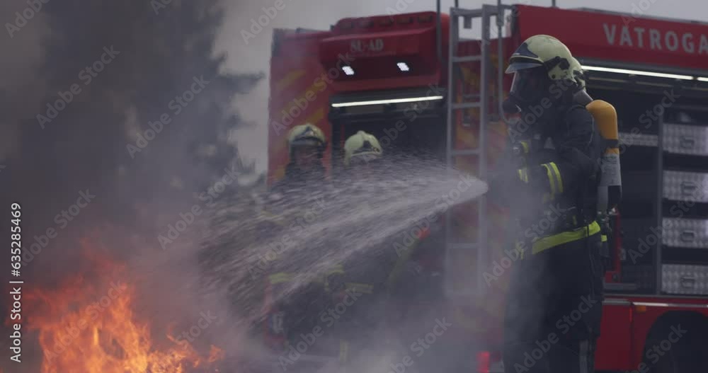 Firefighters fight the fire flame to control fire not to spreading out. Firefighter industrial and public safety concept. Traffic or car accident rescue and help action. Firefighters fight the fire flame to control fire not to spreading out. Firefighter industrial and public safety concept. Traffic or car accident rescue and help action.