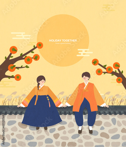 korean holiday, Couple in hanbok illustration