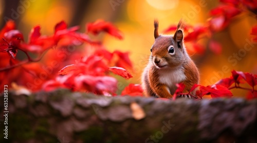 紅葉と動物、秋の木の枝から顔を出すかわいいリスのアップ