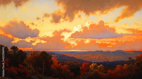 秋空、雲がオレンジに染まる秋の夕焼け空のイラスト © tota