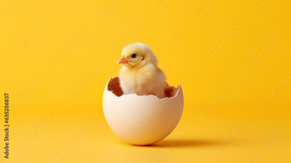 small yellow chicken in a shell on a yellow background. postcard with copy space, easter concept. small yellow chicken in a shell on a yellow background. postcard with copy space, easter concept.