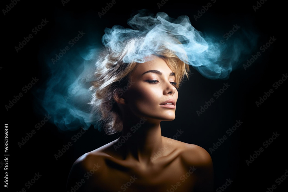 Young woman with her head in a misty cloud.lack of common sense.Depression, addiction, loneliness and mental health concept. Young woman with her head in a misty cloud.lack of common sense.Depression, addiction, loneliness and mental health concept.