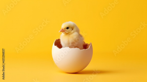 Fotografia small yellow chicken in a shell on a yellow background