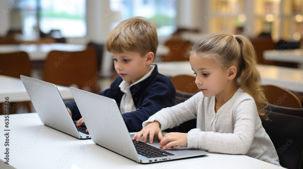 Modern school, two children on two laptops. Modern school, two children on two laptops.