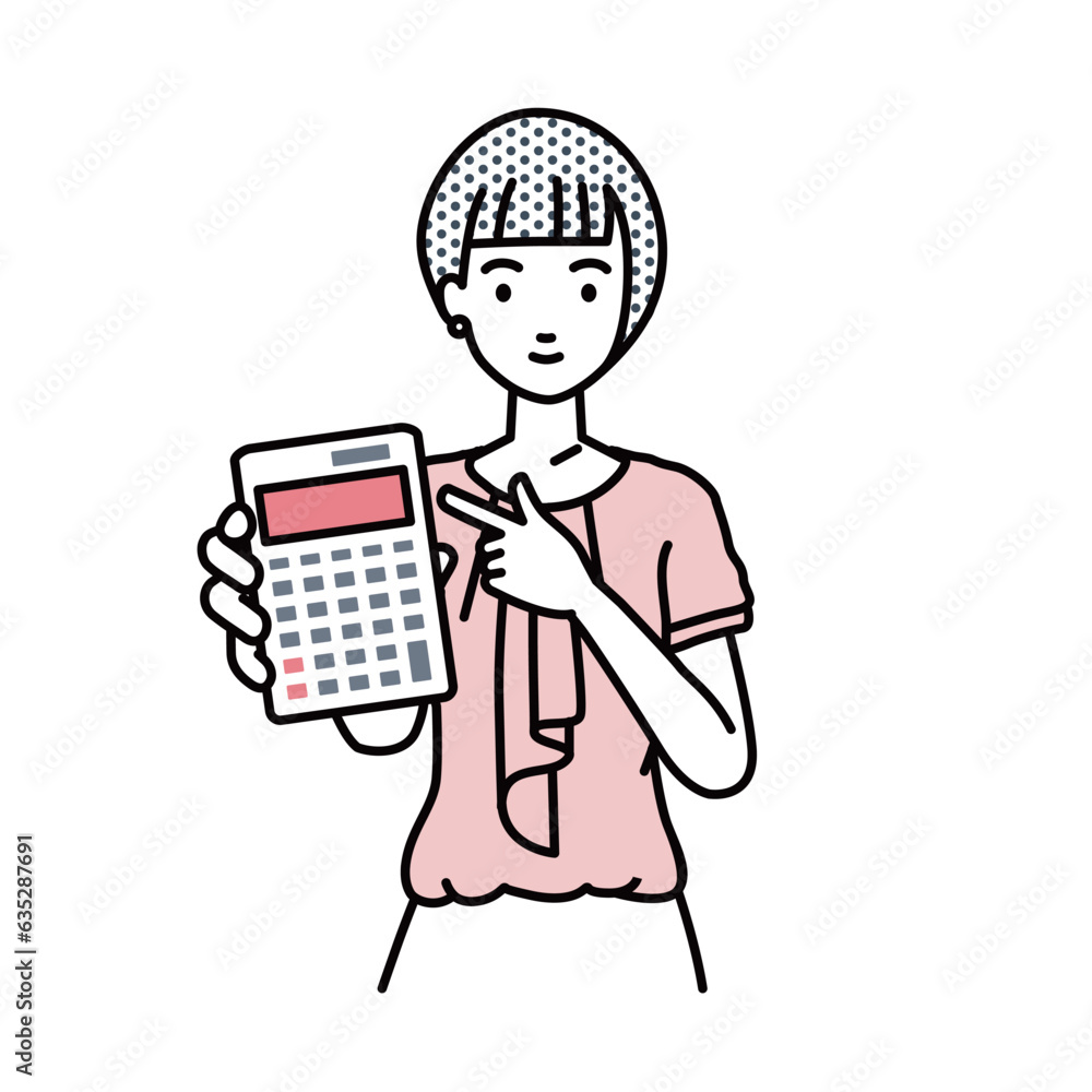 立って電卓を指差してこちらに向けて見せているオフィスカジュアルの女性