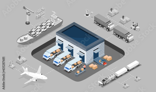 3D isometric logistics Warehouse Work Process Concept with Transportation operation service, Export, Import, Cargo, Forklift, Delivery Truck. Vector illustration EPS 10
