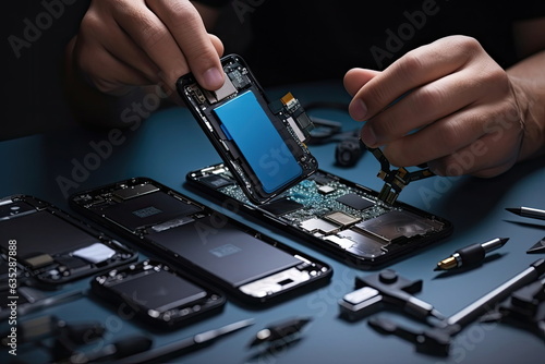 Technician repair smartphone on desk, components broken, clipping path