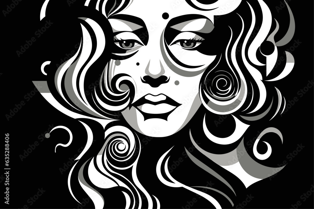 geometric female face on a black background, in the style of spirals and curves, indian pop culture. Black and white portrait, wavy, bold lithography. geometric female face on a black background, in the style of spirals and curves, indian pop culture. Black and white portrait, wavy, bold lithography.