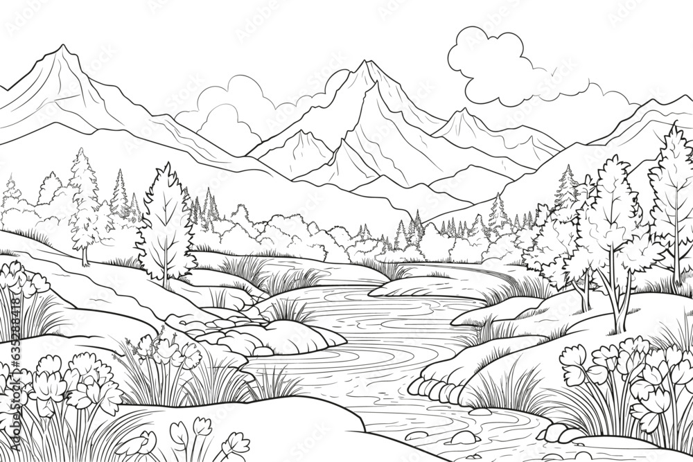 Simple black and white sketch of a mountain river against the backdrop of mountains