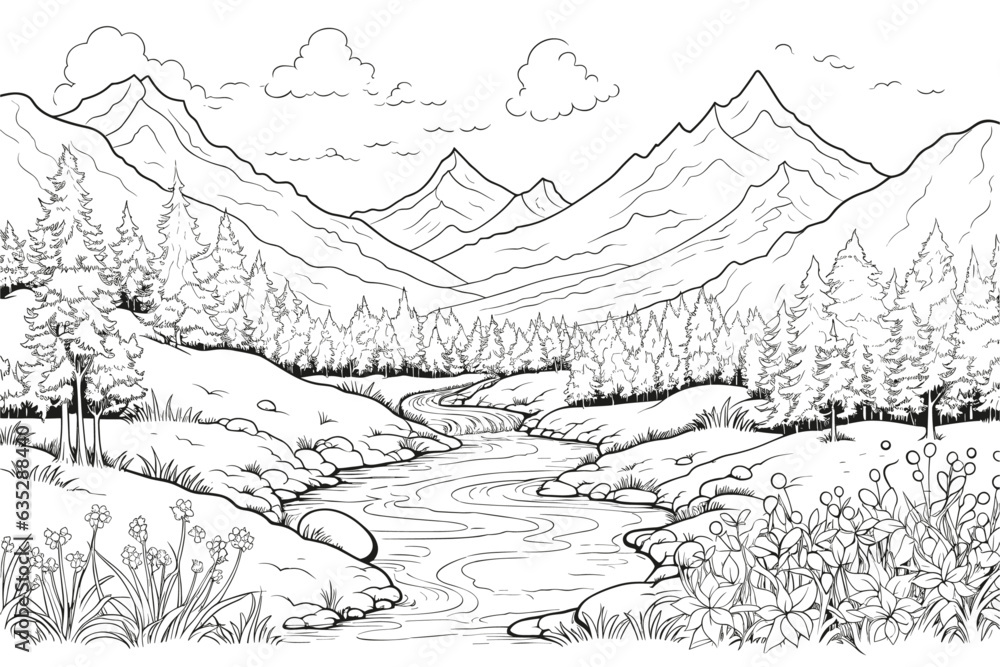 Simple black and white sketch of a mountain river against the backdrop of mountains